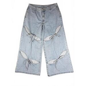 Cider Denim Women's Wide Leg Light Wash Denim Jeans with Cutout Bow Details - XL